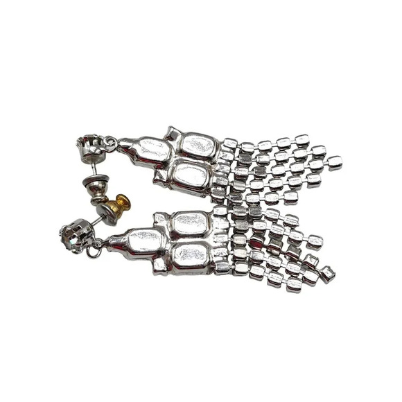 Black Clear Rhinestone Waterfall Dangle Drop Earrings Silver Tone Vintage Deco - Picture 3 of 4